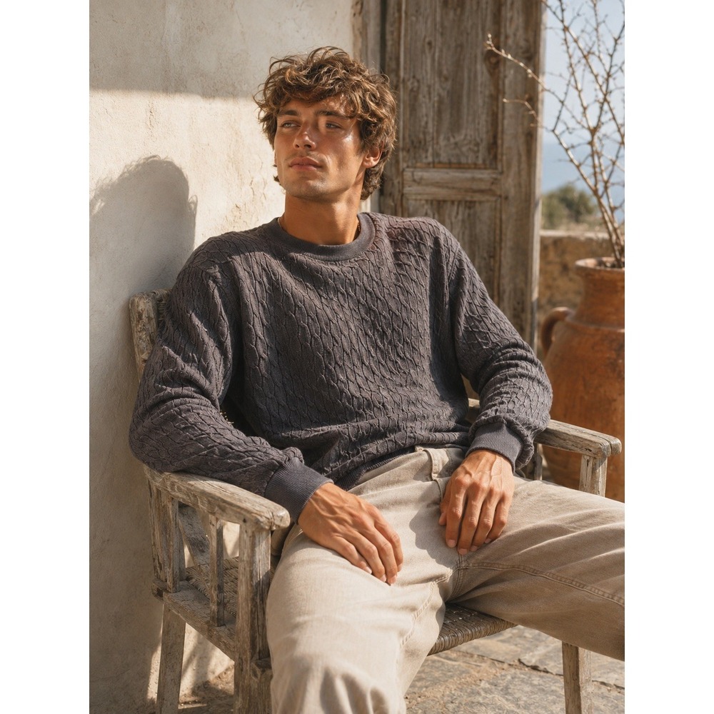 Bobby Jones Mens Cable Knit Sweater Gray 100% Cotton Crew Neck Size M Pullover